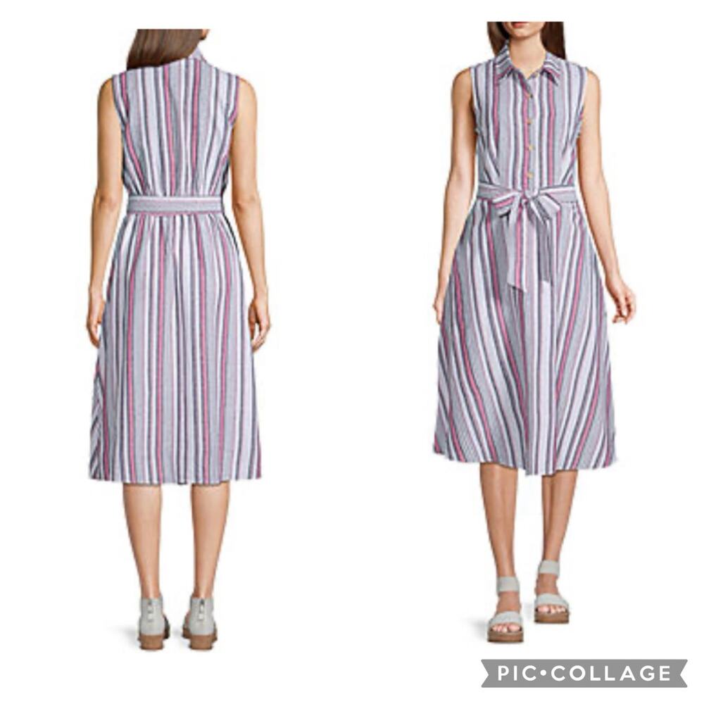 Liz Claiborne Linen stripped sleeveless shirt dress full skirt belted size 12 p